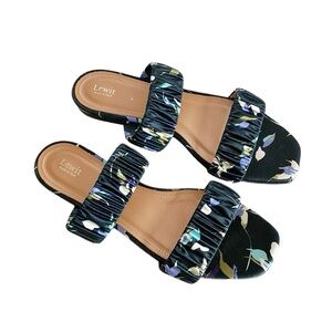 Lewit Elena Ruched Satin Navy Floral Double Strap Flats Sandals size 39.5 EU